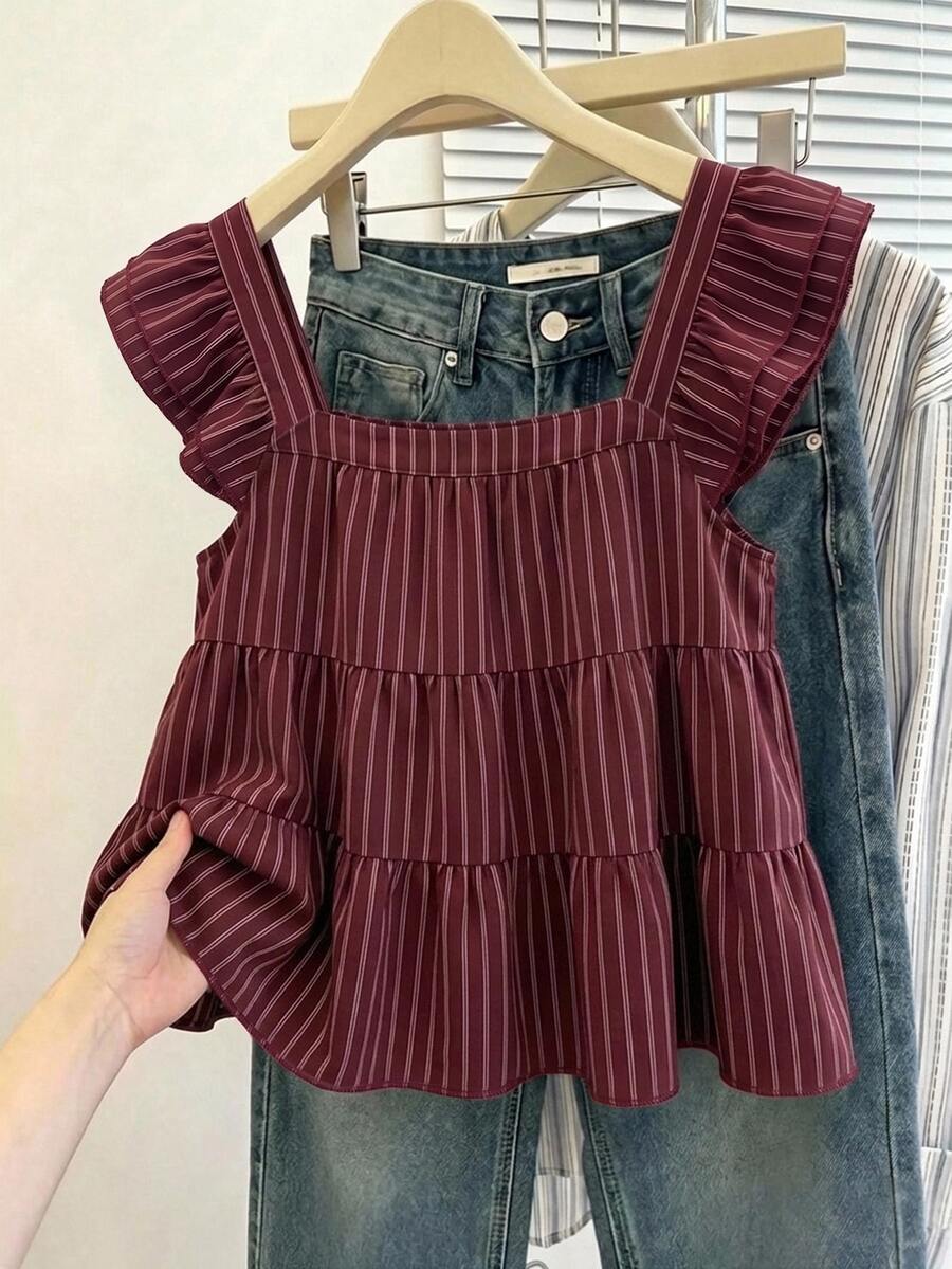 Muvela Women's Striped Pleated Casual Daily Wear Blouse - Burgundy - View 1
