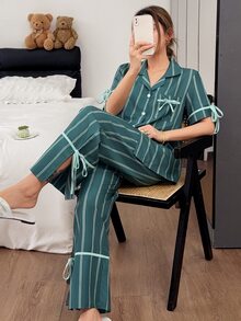 Napfluff 條紋印花休閒居家女款睡衣套裝，對比色翻領短袖上衣配長褲 - 墨綠色 - 查看 6