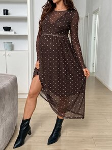 SHEIN 孕婦 1件波點印花哺乳洋裝 秋季 - 棕色 - 查看 4