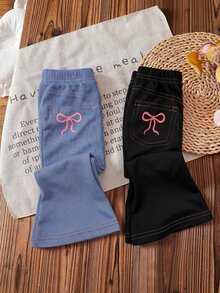 SHEIN 2件裝女嬰彈性喇叭褲，對比蝴蝶結印花，百搭萬用，柔軟加厚冬季款 - 彩色 - 查看 3