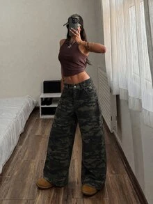 Muchica Celana Jeans Wanita Kasual Warna Hijau Zaitun Model Lurus - Hijau Tentara - View 3