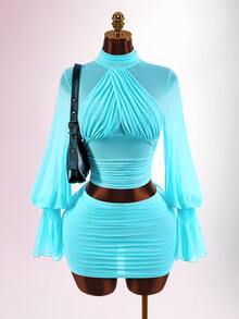 Amplova Women's Autumn/Winter Blue Cross Front Design Long Sleeve Top & Mini Skirt 2pcs Set - Blue - View 10