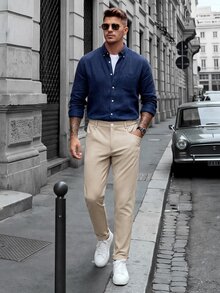 Manfinity CasualCool بنطلون طويل ضيق الساق بلون موحد كاجوال للرجال الناضجين، خيار مثالي كهدية للعطلات - لون مشمشي - مشاهدة 4