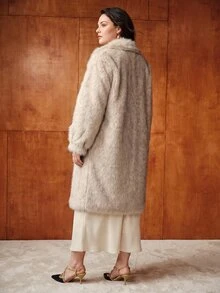 MOTF PREMIUM PLUS SIZE WOMEN AUTUMN WINTER STAND COLLAR LOOSE METAL BUTTON FAUX FUR COAT - Khaki - View 7