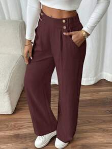 SHEIN PETITE CURVE Plus Size Women's Double Buckle Straight Leg Elegant Commuter Pants - Coffee Brown - View 6