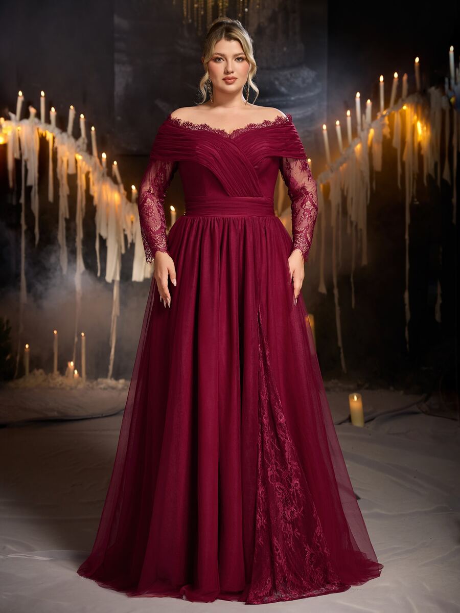 Glamrae Plus Size Elegant Luxurious Burgundy Mesh & Lace Patchwork Off-Shoulder Ruched Slimming Flowy A-Line Maxi Dress Suitable For Prom Wedding Events Bachelorette Party Fashion Evening Gala Bridesmaid Formal Evening Gown - Burgundy - View 1