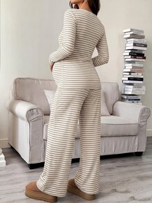 SHEIN Striped Slim Fit Set Round Neck Long Sleeve T-Shirt And Adjustable Waist Wide Leg Pants Fall - Apricot - View 2