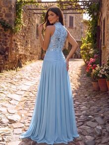 Glamrae Elegant Luxurious 3D Floral Lace Sequin Embroidered Patchwork Elastic Knit Mesh Ruched High Slit Full Skirt Evening Gown Suitable For Wedding Events Bachelor Party Vacation Festival Gathering Music Festival Graduation Season Dinner Party - Blue - View 2