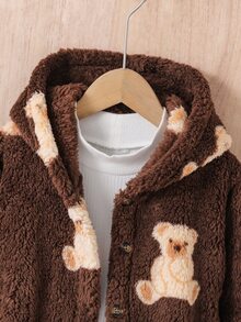 SHEIN Playful Pals Girls 2026 Fall Winter New Teddy Bear Pattern Fleece Hooded Jacket Lambswool Lining Thickened Winter Coat Soft Skin-Friendly Non-Shedding Loose Fit - Brown - View 6