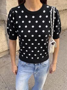 Muvela 女款街頭風法式優雅韓系緹花短袖針織上衣 辦公室早午餐穿搭 黑白波點 夏季款 - 黑色 - 查看 6