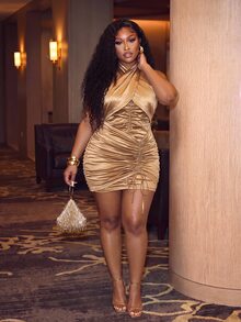 Veslaya Elegant Sexy Mini Dress For Date Party Holiday, Halter Neck Pleated Sleeveless Drawstring Slim Fit Bodycon Waist-Cinching Plus Size Dress - Khaki - View 5