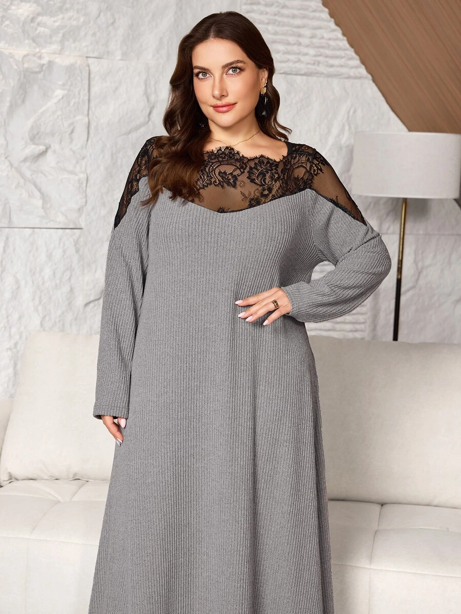 Lacomfia Gaun Elegan Wanita Ukuran Plus dengan Renda, Leher Bulat, Lengan Panjang - Grey - View 1