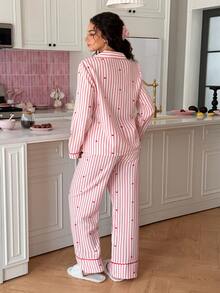 SweetSlumber Women's Heart Stripe Long Sleeve Single-Breasted Top And Pants Pajama Set - Multicolor - View 2