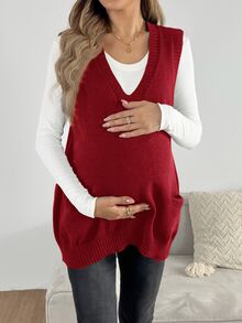SHEIN Maternity Minimalist Versatile Pocket Knit Vest Cardigan - Red - View 5