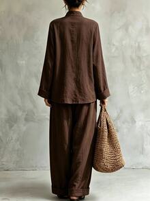 Trelyra Women's Frog Button Design Long Sleeve Shirt And Wide Leg Pants Chinese Style Elegant 2 Pieces Set - Brown - View 2
