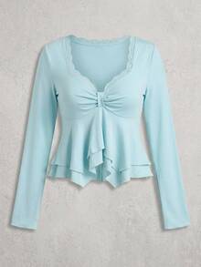 Comfortcana Women's Lace Patchwork Pleated Casual Daily Long Sleeve T-Shirt - Mint Green - View 7