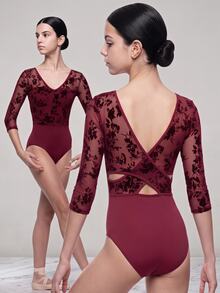 SHEIN Bộ đồ liền thân thể thao cho thiếu nữ, tay lỡ 3/4, lưới in hoa đỏ nhung - Màu Đỏ Sâu - Xem 1