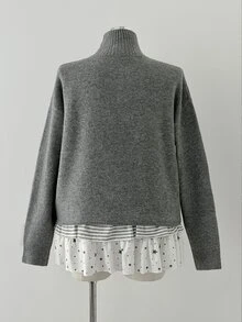 Sunspun Napoleon Style Women Plus Size Casual High Neck Asymmetric Placket Frog Button Long Sleeve Slim Fit Cardigan Sweater Fall - Grey - View 2