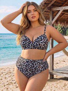 SHEIN CURVE+ Plus Size Women's Summer Beach Leopard Print Sexy Fashion Bikini Two-Piece Swimsuit Set - Multicolor - View 4