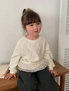 DAZY Baby Girl Round Neck Ruffle Trim Long Sleeve Korean Style One-Piece Casual Sweatshirt, Autumn/Winter - Apricot - View 6