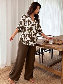 EMERY ROSE Women Plus Size Notch Collar Button Up Floral Print Contrast Color Botanical Print Set 2pcs Random Print - Multicolor - View 3