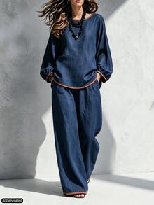 Trelyra Autumn Clothing, Round Neck Contrast Trim Long Sleeve Top And Straight Leg Wide Leg Pants Two Pieces Set, Navy Blue Casual Two Pieces Set, Elegant Commute Two Pieces Set - Navy Blue - View 3