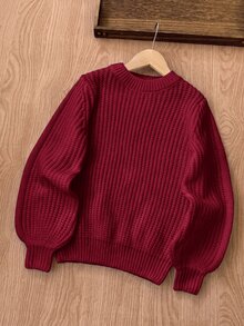 SHEIN 少女純色圓領長袖休閒百搭針織衫 - 紅色 - 查看 2