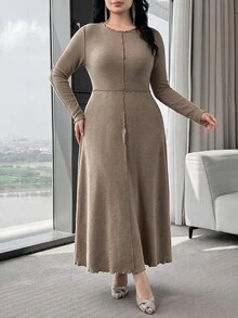 Feyla Plus Size Minimalist Pleated Frill Trim Fashion Versatile Dress - Khaki - View 6