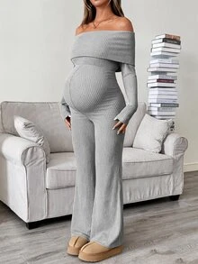 SHEIN Maternity Simple Comfortable One-Shoulder Jumpsuit Long Pants For Daily Wear Fall - Grey - View 3