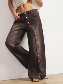 Bohemela Celana Jeans Denim Saku Kancing Desain Fashion Wanita - Coklat - View 4