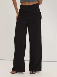 MUSEYN Black Woven Fold Over Buckle Layered Trousers Versatile Everyday Casual Fall - Black - View 2