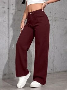 SHEIN PETITE 女款休閒日常牛仔褲，附口袋與鈕扣，秋冬款，小碼女款，新年牛仔褲 - 酒紅色 - 查看 5