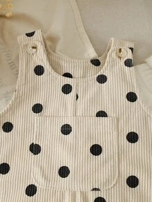 SHEIN 嬰兒女童中性 0-3 歲 幼兒秋季波點滿版印花杏色燈芯絨吊帶長褲 胸前口袋設計 休閒版型 - 杏色 - 查看 4