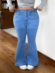 Rivivi Women Plus Size High Waist Stretch Blue Flare Jeans - Medium Wash - View 1
