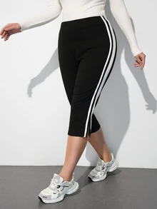 Maija Plus Size Women's Colorblock Casual Versatile Daily Wear Capris - Black - View 1