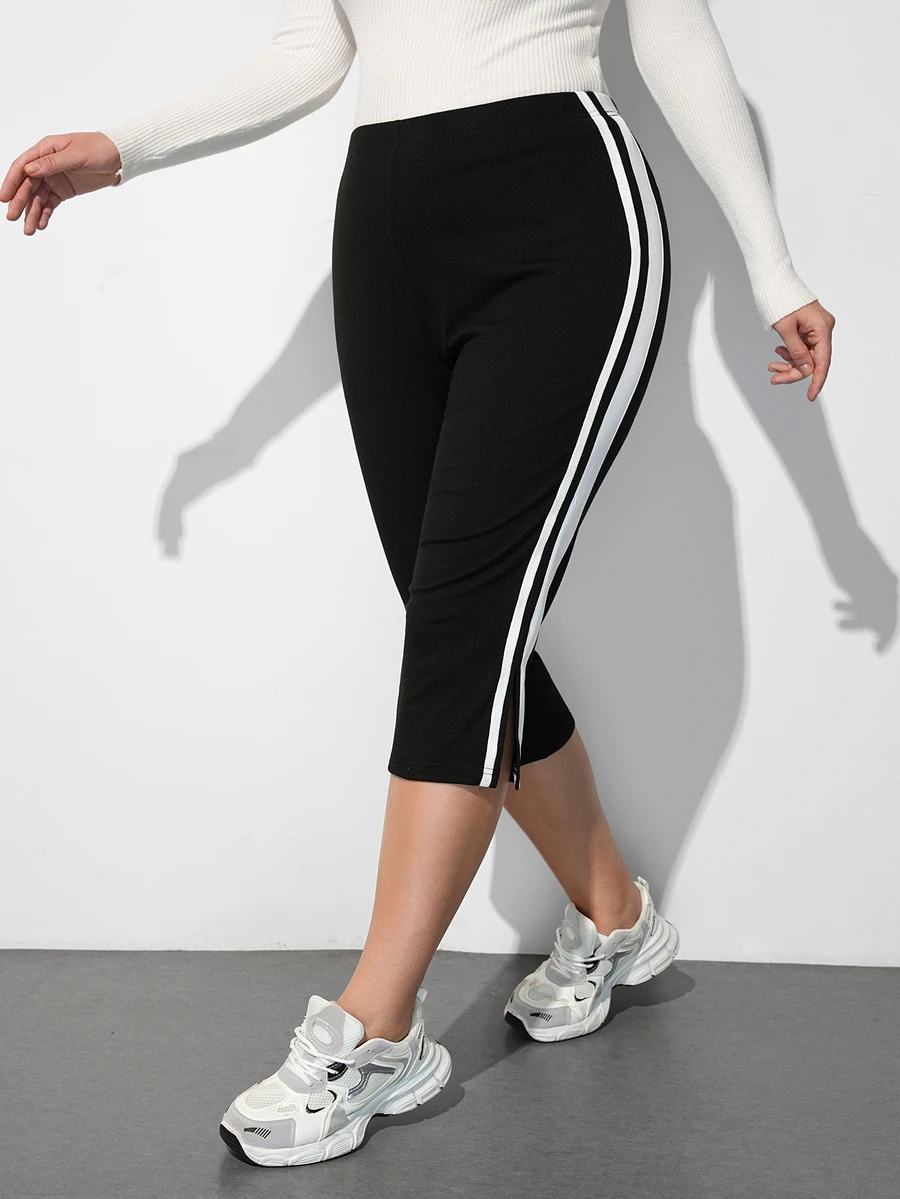 Maija Plus Size Women's Colorblock Casual Versatile Daily Wear Capris - Black - View 1