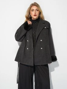 Plus Size Women's Knotted Waist Casual Daily Overcoat - Grey - View 4