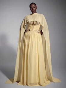 Elitara Gaun Panjang A-Line Elegan Ukuran Plus Warna Kuning Champagne dengan Leher Halter V Dalam, Hiasan Manik-manik dan Rhinestone, Pinggang Berkerut dengan Desain Selendang Pita, Cocok untuk Pesta Prom, Pesta Liburan, Acara Pernikahan, dan Gaun Malam Formal - Sampanye - View 9