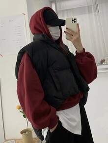 DAZY 女款純色連帽寬鬆短版運動衫 - 酒紅色 - 查看 4