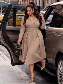Poshavie Poshavie Plus Size Women Elegant Business Casual High-End Fashion Long Dress, Fall Intelligent Workplace Office Evening Style Long Sleeve, Suitable For Camel - Brown - View 1