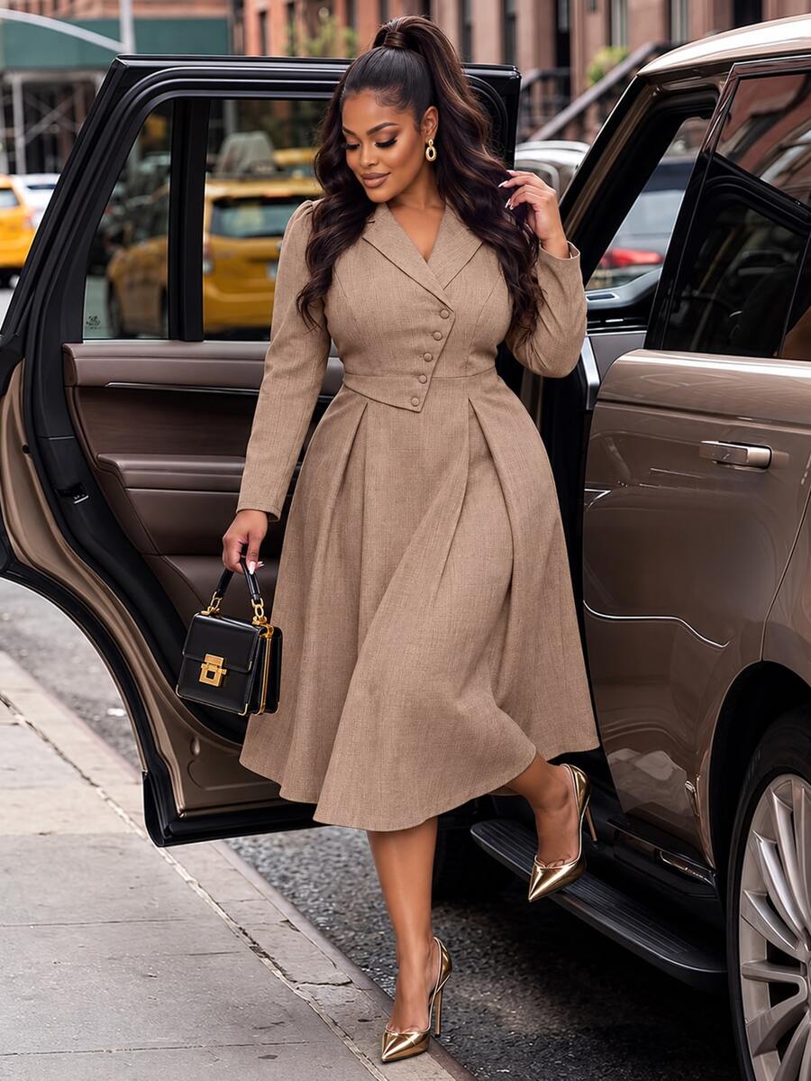 Poshavie Poshavie Plus Size Women Elegant Business Casual High-End Fashion Long Dress, Fall Intelligent Workplace Office Evening Style Long Sleeve, Suitable For Camel - Brown - View 1
