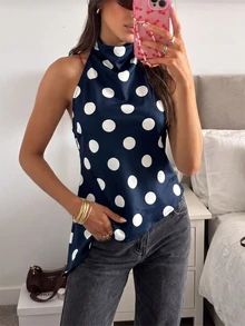 Firerie Women Summer Elegant Minimalist Casual Vacation Daily Commute Fashion Streetwear New Draped Backless Halter Neck Polka Dot Print Asymmetrical Hem Blouse Top - Navy Blue - View 4