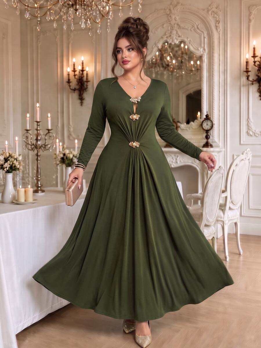 Roveilla Women Plus Size Elegant Knit Dress V-Neck Elastic Long Sleeve Solid Color Metal Button Cinched Waist Ruched Split Hem Dress - Army Green - View 1