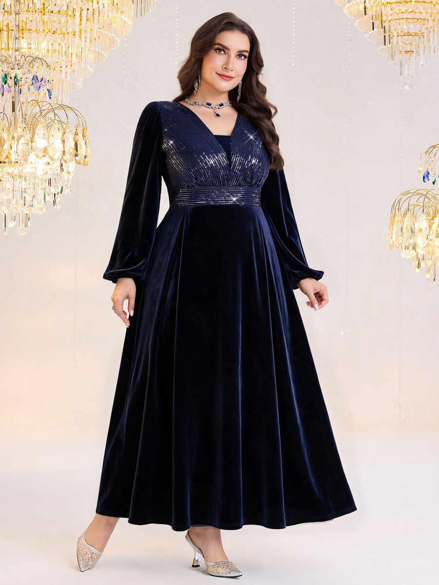Seusyu Plus Size French Style Sequin Ruched Waist Long Sleeve Dress - Navy Blue - View 1