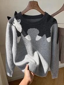 Comfortcana Women's Cute Korean Style Cat Jacquard Long Sleeve Sweater - Grey - View 4
