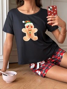 SweetSlumber Christmas Sweet Cute Candy Cookie Pattern Colorblock Round Neck Pullover Women's Pajama Set Milk Silk - Multicolor - View 3
