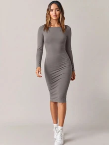 SHEIN BASICS 純色貼身中長洋裝，商務休閒女款／優雅夏季女裝套裝 - 灰色 - 查看 6