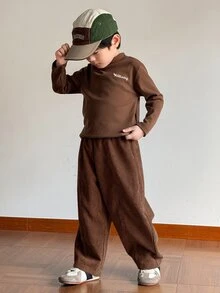 SHEIN Kids Young Boys Casual Corduroy Loose Fit Long Pants - Brown - View 3