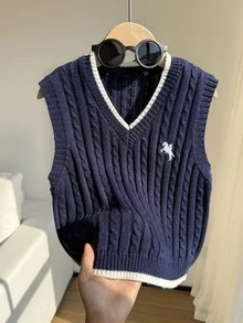 SHEIN كنزة صوفية محبوكة بكابلات للفتيات المراهقات، كنزة صوفية بأسلوب بريبي، ضرورية للخريف/الشتاء - أزرق بحري - مشاهدة 1