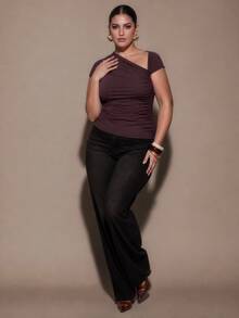 SHEIN BAE CURVE Plus Size Women's Asymmetrical Neckline Ruched Top - Brown - View 6